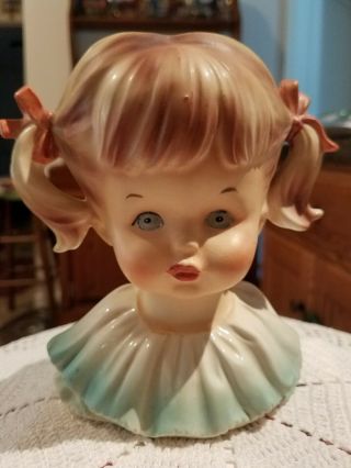 Vintage Head Vase/planter Young Girl With Bows T 1393
