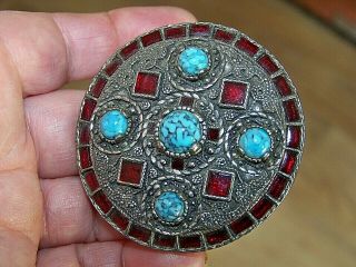 Vintage Miracle Jewellery Scottish Celtic Turquoise Ruby Tile Shield Brooch Pin