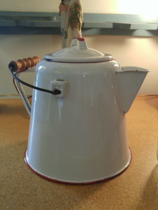 Vintage Large White Enameled Coffee Pot Red Trim Wood Handle 11 " Tall X 9 ".