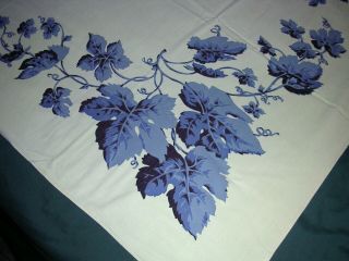 179a Vintage Cotton Rayon Tablecloth Green With Blue Grape Leaves Vine 53x63 Euc