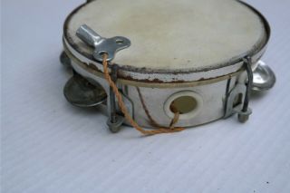 Authentic Vintage Tambourine With Key Hand Drum Natural Skin Jingles Metal Sides