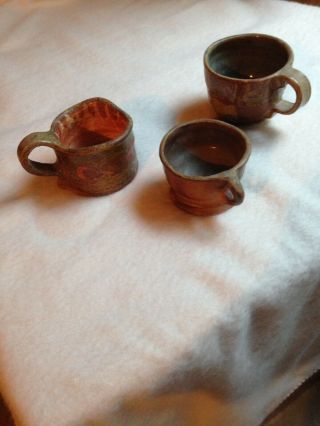 3 - Vintage Hand Made Stoneware Pottery Coffee Mugs Cup Green Brown Glaze - Earthy