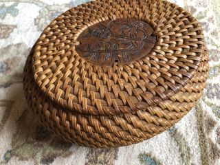 Vintage Woven Coil Rattan Oval Basket With Lid Carved Love Birds Medallion
