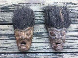 Vtg Set 2 60’s Tiki Carved Wood Mask Shrunken Head Art Rope Fiber Hair 8”