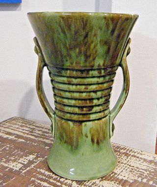 9 " Vtg Majolica Studio Pottery Vase Art Deco Green Glaze Brush Maccoy 579