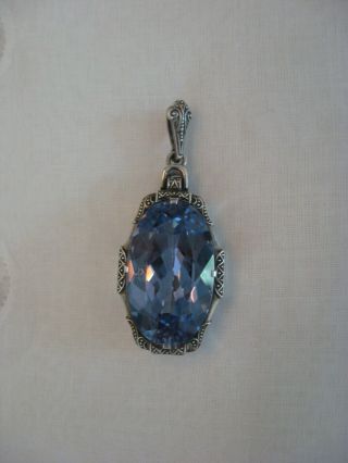 Vintage Art Deco 835 Silver Pendant Large Blue Glass Crystal Ornate Setting