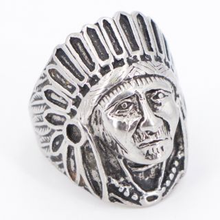 Vtg Silver Plated - Native American Indian Chief Head Ring Size 9 - 18.  5g