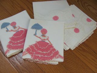2 - Pair Vtg 50s Southern Belle,  Pink - White Lacey Hand - Crochet Embrd Pillowcases