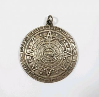 Vintage Large Lopez Taxco Sterling Silver 925 Aztec Mayan Calendar Sun Pendant