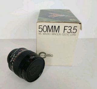 Vtg Mc Macro Minolta Celtic Lens 50mm 1:35 With Caps Box Made In Japan Euc