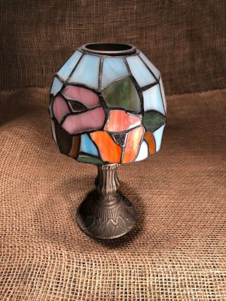 Vintage Stained Glass Votive Candle Holder Cast Iron / Flower Theme 10”