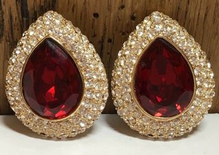 Vintage Ciner Red & Clear Rhinestone Gold Tone Clip On Earrings