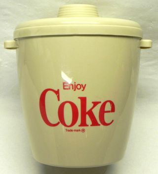 Vintage Coca Cola Plastic Ice Bucket,  Tan,  Red Logos,  White Inside,  Lid Coke Vg