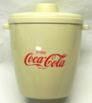 Vintage Coca Cola Plastic Ice Bucket,  Tan,  Red Logos,  White Inside,  Lid Coke VG 2