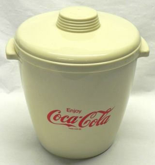Vintage Coca Cola Plastic Ice Bucket,  Tan,  Red Logos,  White Inside,  Lid Coke VG 3