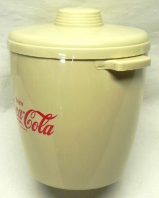 Vintage Coca Cola Plastic Ice Bucket,  Tan,  Red Logos,  White Inside,  Lid Coke VG 4
