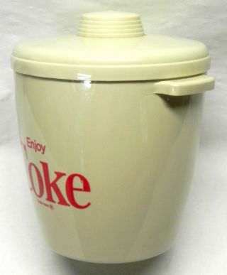 Vintage Coca Cola Plastic Ice Bucket,  Tan,  Red Logos,  White Inside,  Lid Coke VG 5