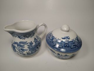 Vintage Creamer & Covered Sugar Bowl English Churchill Fine China Blue Willow