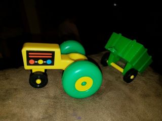 Vintage Fisher Price Little People Farm Tractor & Trailer Green Yellow