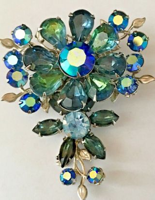 Beau Jewels Vintage Green Blue Ab Crystal Brooch Pin Rhinestone Estate Piece.