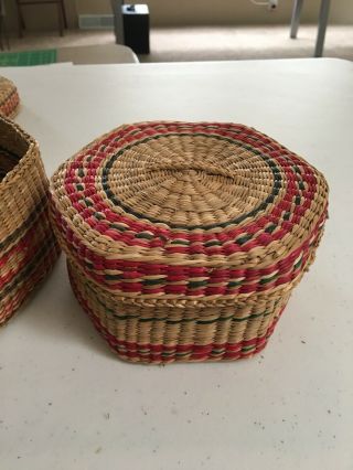 Sweetgrass Nested 6 Sided Baskets Tight Weave Set of 4 With Lids Vintage Pretty 2