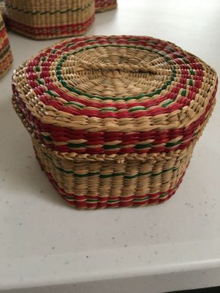 Sweetgrass Nested 6 Sided Baskets Tight Weave Set of 4 With Lids Vintage Pretty 3