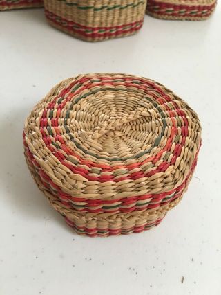 Sweetgrass Nested 6 Sided Baskets Tight Weave Set of 4 With Lids Vintage Pretty 4