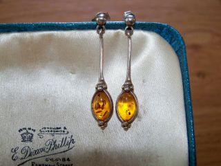Vintage Jewellery Stamped 925 Sterling Silver Real Amber Dangle Dropper Earrings