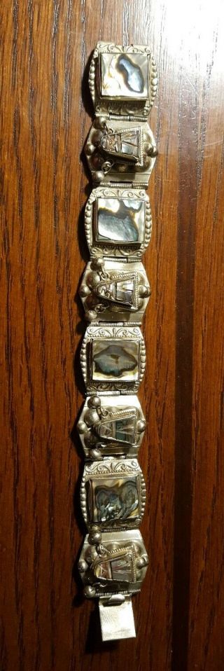Vintage Mexico Sterling Silver & Abalone Panel Bracelet 7 " 39g