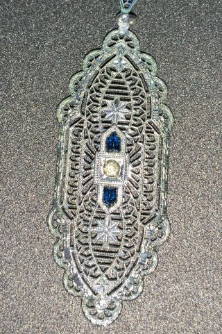 Vintage Art Deco Filigree 1 Clear 2 Blue Stones Silver Tone Necklace Circa 1918