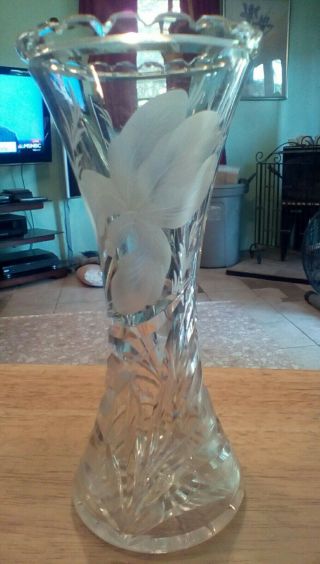 Vintage 8 " Cut Crystal Vase,  Etched With Gorgeous Iris 