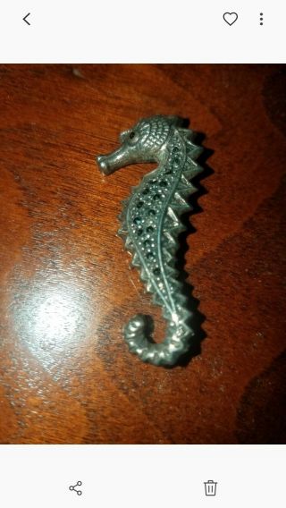 Vintage Sterling Silver 925 Marcasite Aquatic Seahorse 1 3/4 " Long Pin Brooch
