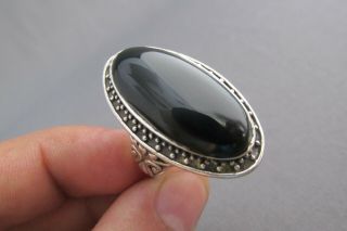 Vintage Art Deco Sterling Filigree Elongated Oval Cabochon Onyx Ring