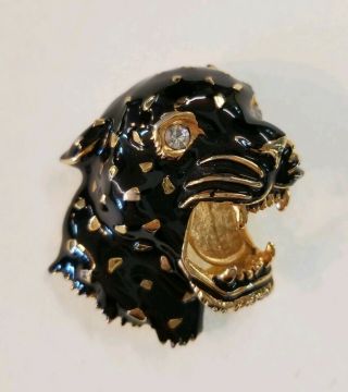 Vintage Carolee Black Panther Enameled Brooch Pin - Rhinestone Gold Head - Signe
