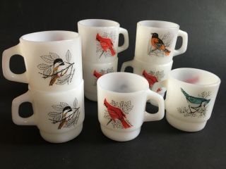 Vintage Fire King - Anchor Hocking Milk Glass Bird Mugs / Cardinal Oriole Jay 8 Pc