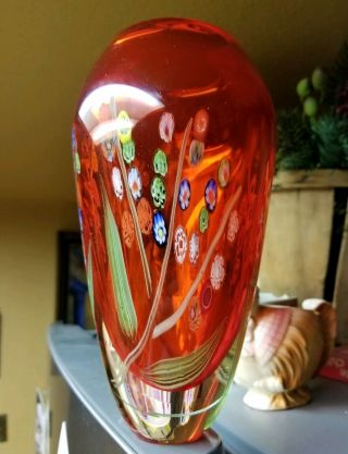 Vintage Murano Selenium Red Sommerso Vase Millefiori As Flowers On Plant Leaves