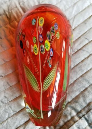 Vintage Murano Selenium Red Sommerso Vase Millefiori As Flowers On Plant Leaves 3