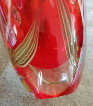 Vintage Murano Selenium Red Sommerso Vase Millefiori As Flowers On Plant Leaves 7