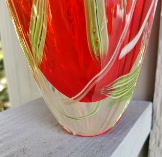 Vintage Murano Selenium Red Sommerso Vase Millefiori As Flowers On Plant Leaves 8