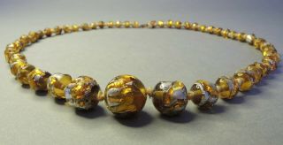 Vintage Art Deco Bohemian Yellow Gold Tone Lava Foil Glass Bead Necklace