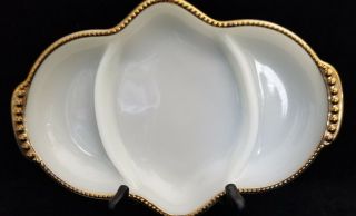 Vintage Anchor Hocking Fire King Milk Glass Divided Dish Platter Tray Gold Rim