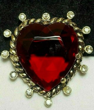 Vintage Estate Heavy Red Glass Heart Rhinestone Necklace Pendant & Brooch Pin