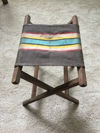Vintage Folding Camp Chair Stool Wood Canvas