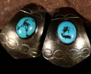 Vintage Navajo Blue Gem Turquoise Sterling Silver Clip On Earrings