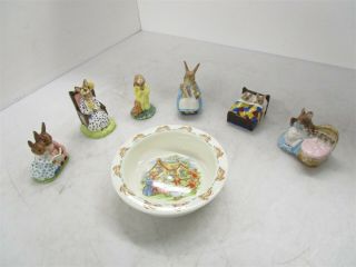 Beatrix Potter Figurines W/ Vintage Royal Doulton Bunnykins Bowl Ring A/o Rosie
