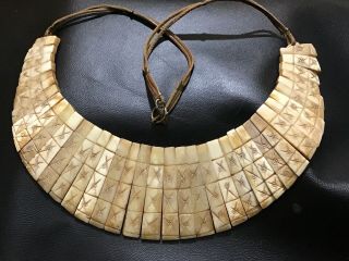 Vintage Tribal Necklace Bib Hand Carved Leather Strap Gorgeous
