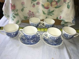 8 Pc Vtg Wedgwood China Countryside Blue On White 6 Tea Cups 2 Saucers England