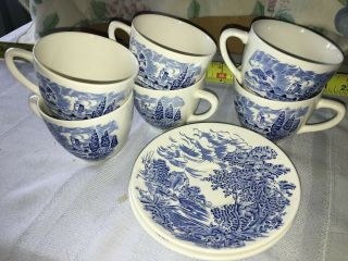 8 pc VTG Wedgwood China COUNTRYSIDE BLUE on WHITE 6 Tea Cups 2 Saucers England 2