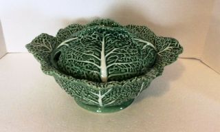 Vintage Large Bordallo Pinheiro Green Cabbage Soup Tureen With Lid