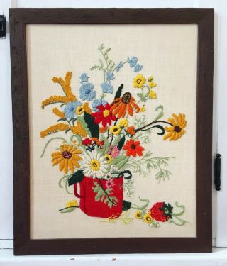 Vtg Large Floral Crewel Embroidery Wild Flowers Framed Red Cup Strawberry Art